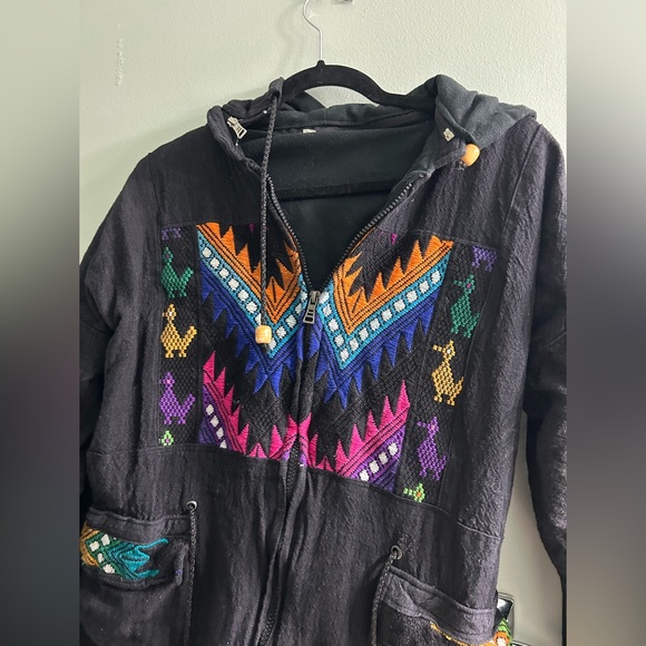 Guatemalan Parka Jacket Black Guatemalan Mayan Western Coat - Picture 4 of 5